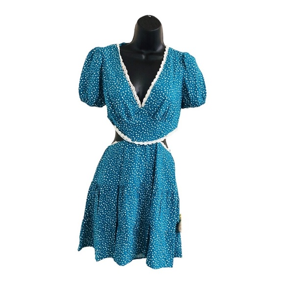 Puff sleeve crochet lace trim open back waist cutout blue teal short dress sizeM - Picture 6 of 14